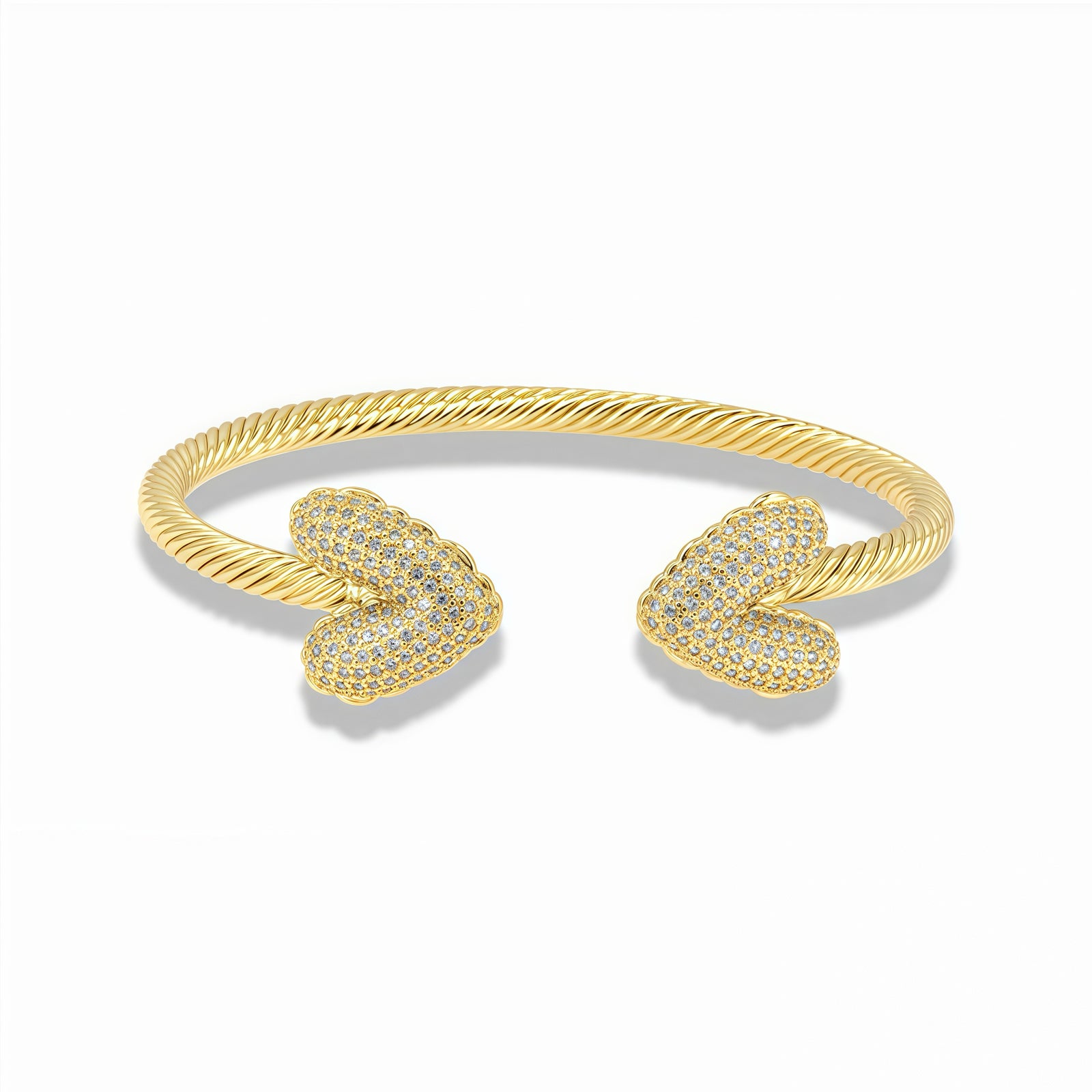 Bracelet open cable bangle with pavé heart ends
