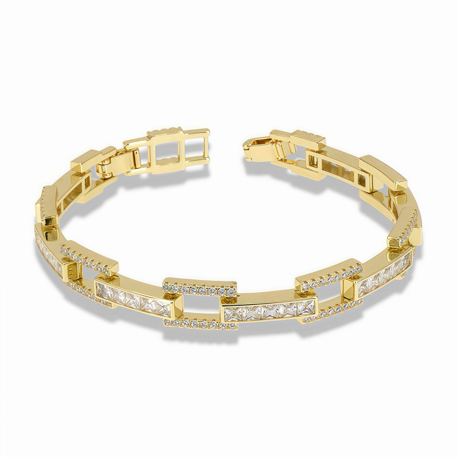 Gold rectangular pavé bracelet with square zirconia links