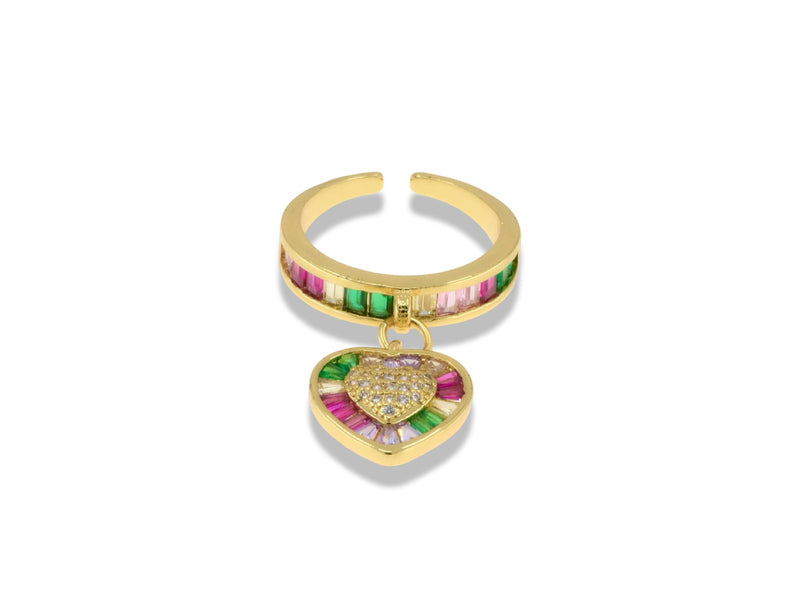 Gold Colorful Baguette Heart Charm Ring