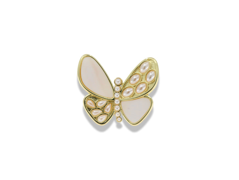 Gold Butterfly Statement Ring with Mother of Pearl Details