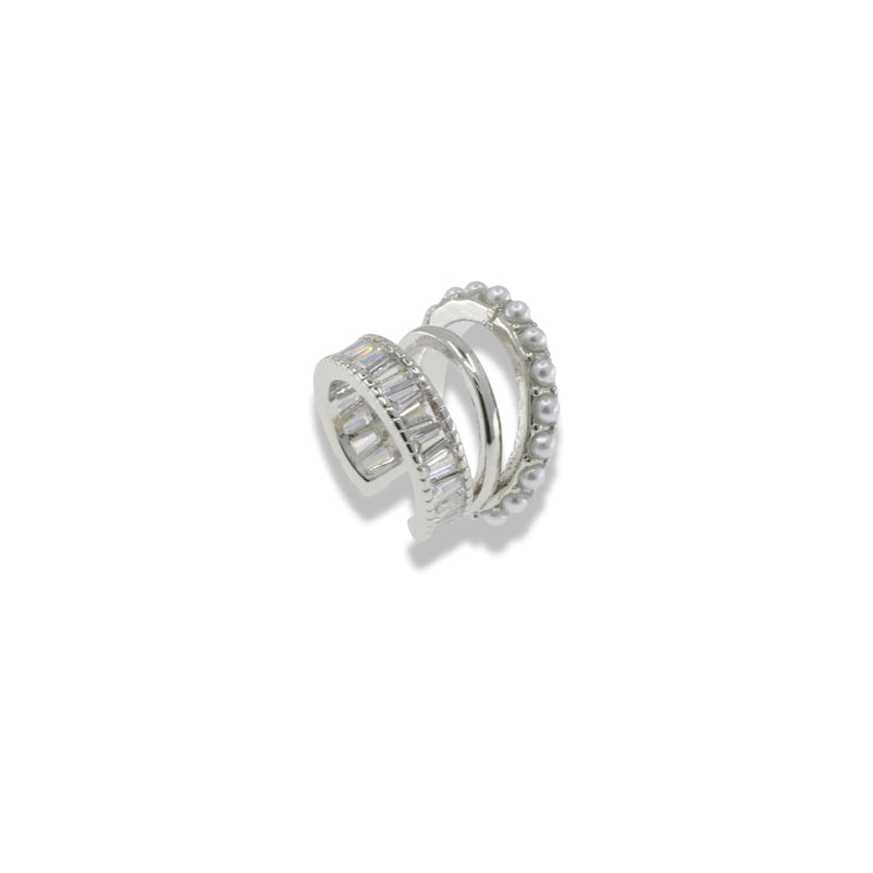 Baguette & Pearl Ear Cuff – Silver Tone CZ Design