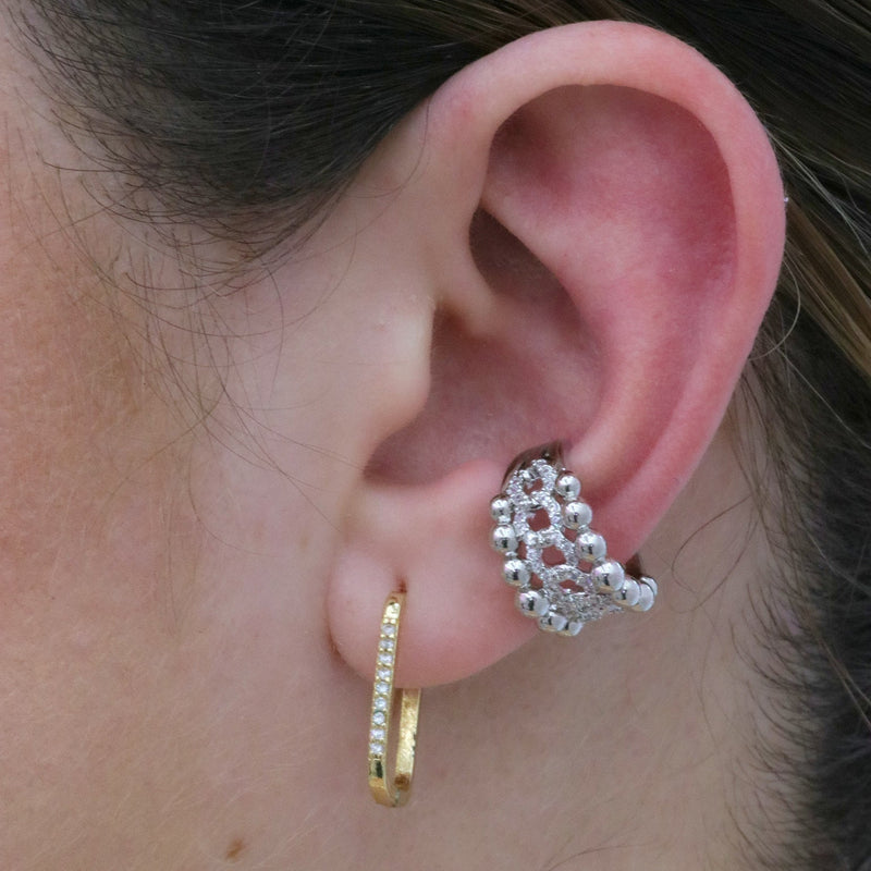 Silver beaded & pavé chain ear cuff