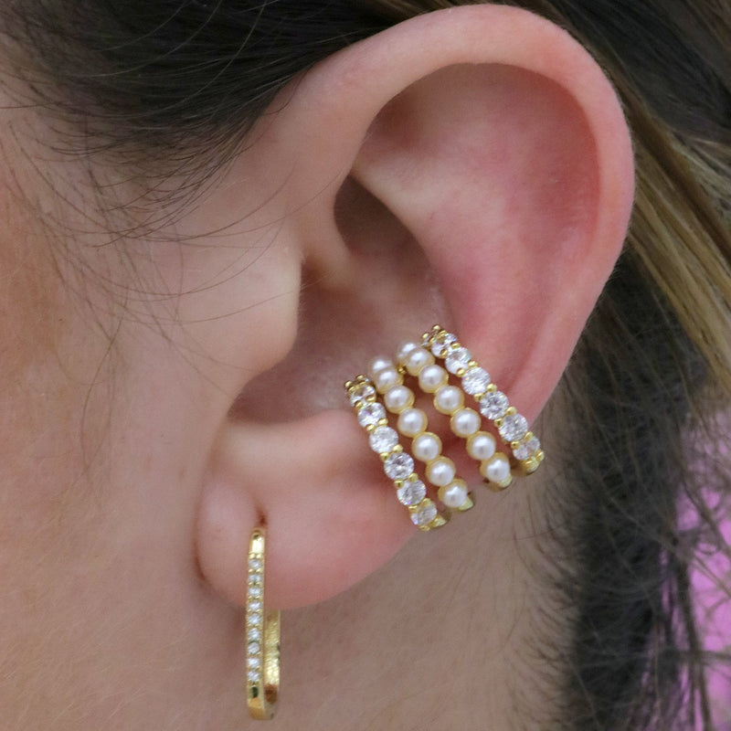 Gold Double Pearl & Cubic Zirconia Ear Cuff