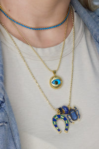 Blue & Green Enamel Horseshoe Pendant with Pavé Details