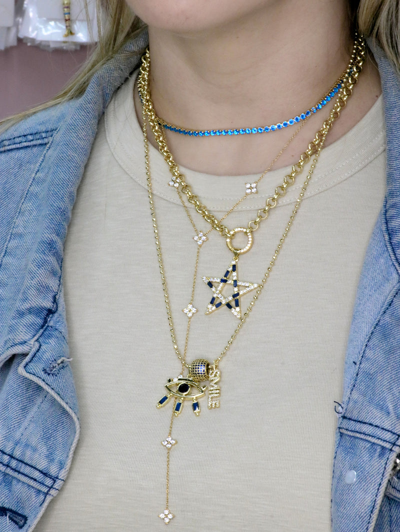 Gold Evil Eye Pendant with Blue Rectangular Zirconia