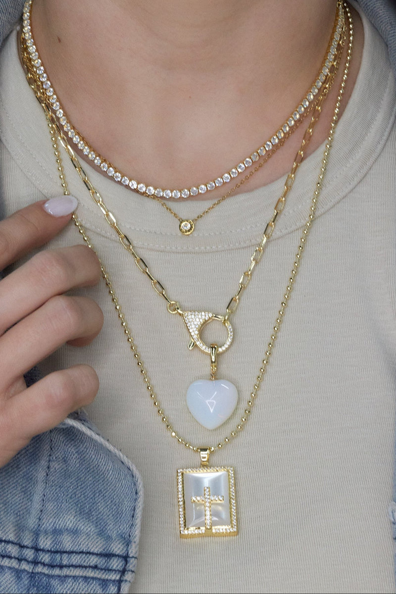 Square Mother of Pearl Medal Pendant with Pavé Cross