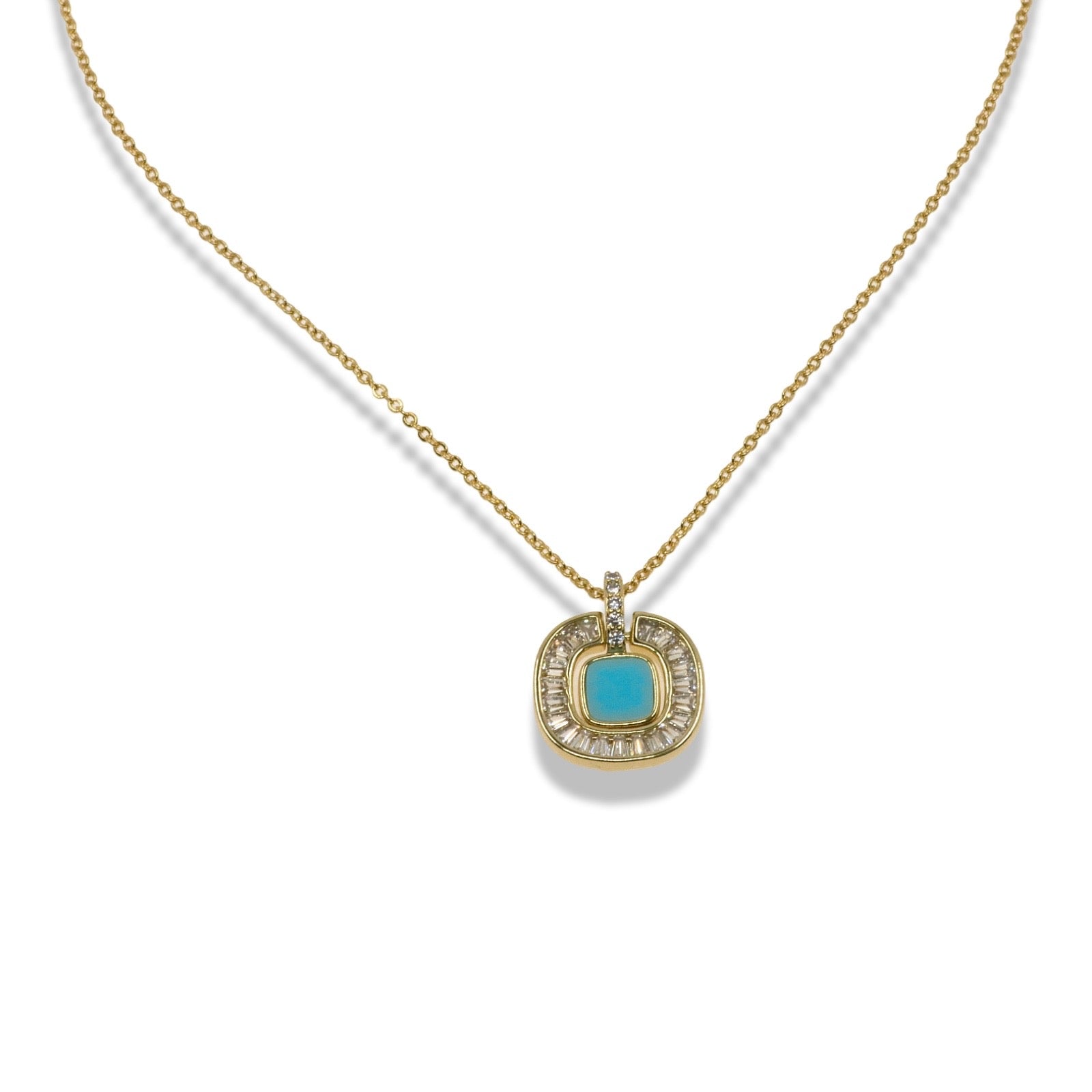 Turquoise Square Pendant Necklace with Baguette Zirconia Halo