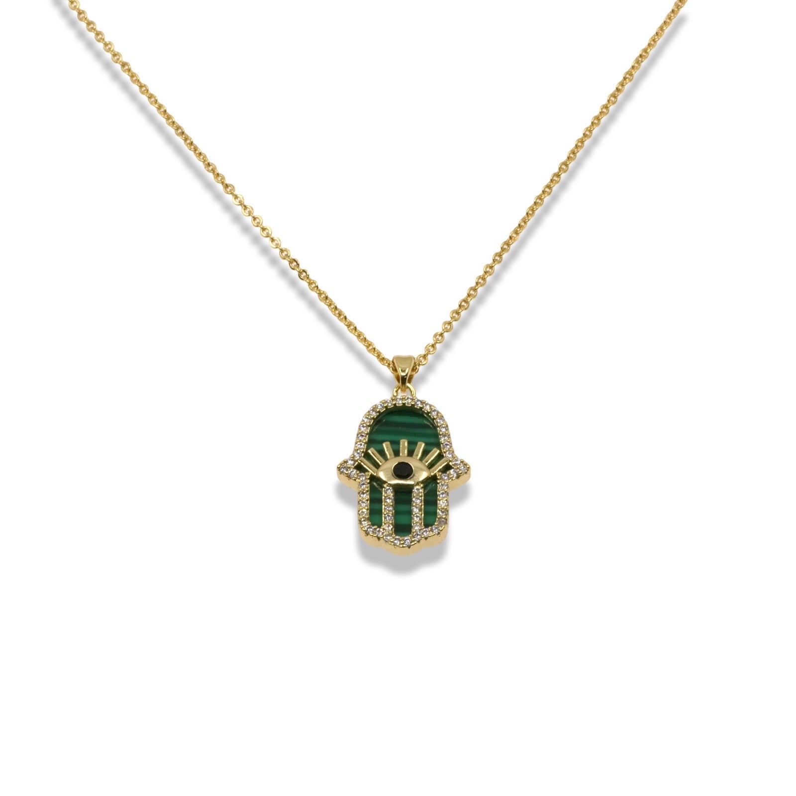 Gold Hamsa Hand Pendant Necklace in Malachite with Pavé Evil Eye