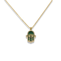 Gold Hamsa Hand Pendant Necklace in Malachite with Pavé Evil Eye