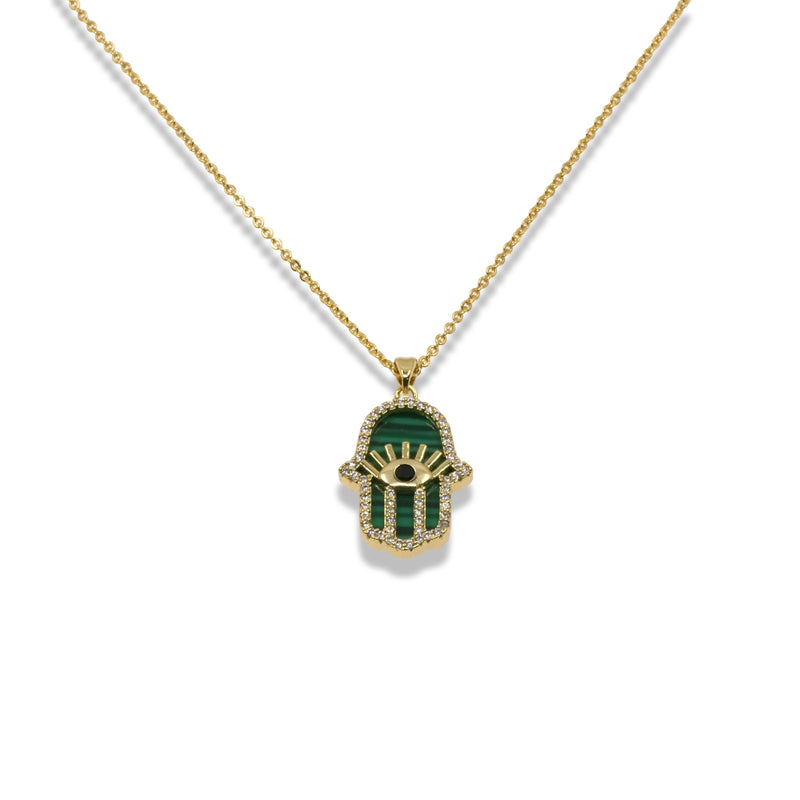 Gold Hamsa Hand Pendant Necklace in Malachite with Pavé Evil Eye