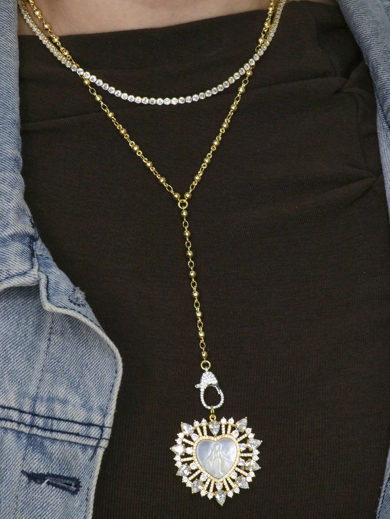Miraculous Medal Pendant with Mother of Pearl & Zirconia Border