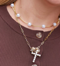 Gold Pearl Bar Necklace with Extension Chain