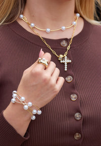 Gold Pearl Bar Necklace with Extension Chain