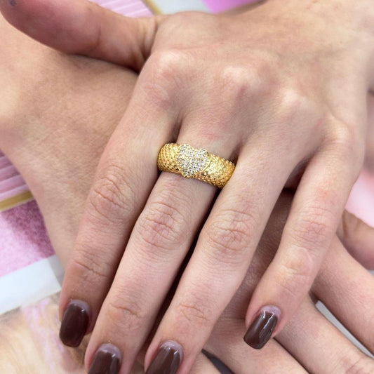 Gold SHINE PAVE HEART RING with sparkling pave stones on hand