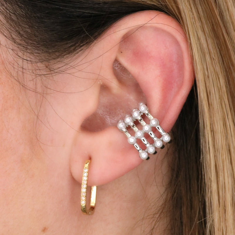 Four Row Pearl Ear Cuff – Silver Tone