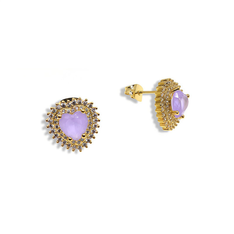 PAVE HEART STUD EARRING WITH COLORED CZ CENTER