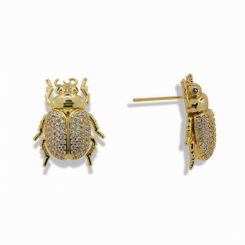 LUXURY LADYBUG EARRINGS WITH PAVE CZ - GOLD OR TWO TONE BEETLE DESIGN EARRINGS