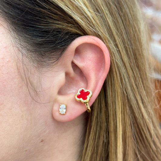 Close-up of a person's ear wearing two earrings: a gold one with a red flower and a silver one.