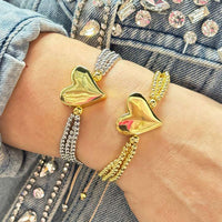 TRIPLE STRAND BEADED SLIDE BRACELET WITH SMOOTH GOLD HEART