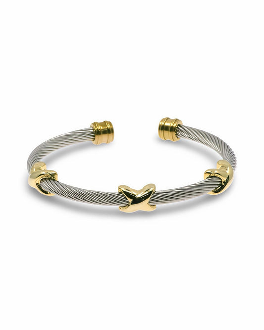 TWO - TONE CABLE BANGLE BRACELET TRIPLE X MOTIF - GOLD & SILVER OPEN CUFF