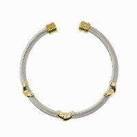 TWO - TONE CABLE BANGLE BRACELET TRIPLE X MOTIF - GOLD & SILVER OPEN CUFF