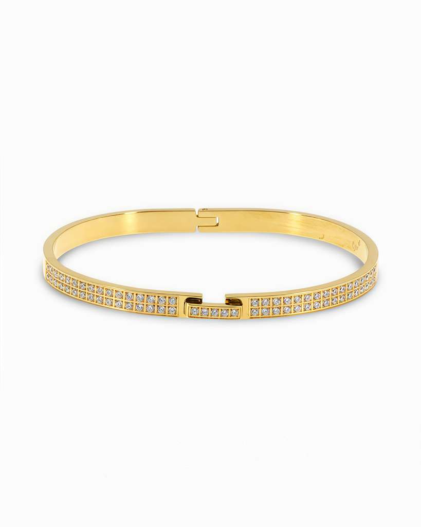 OPEN BANGLE BRACELET WITH ZIRCONIA TOP & FRONT CLASP CLOSURE - GOLD & SILVER