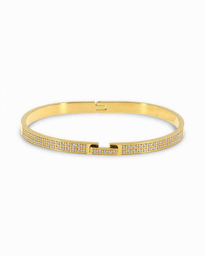 OPEN BANGLE BRACELET WITH ZIRCONIA TOP & FRONT CLASP CLOSURE - GOLD & SILVER