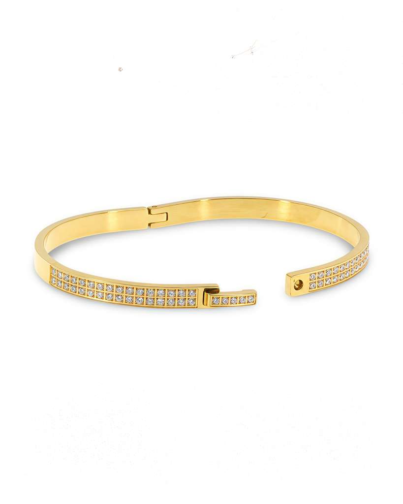 OPEN BANGLE BRACELET WITH ZIRCONIA TOP & FRONT CLASP CLOSURE - GOLD & SILVER