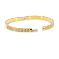 OPEN BANGLE BRACELET WITH ZIRCONIA TOP & FRONT CLASP CLOSURE - GOLD & SILVER