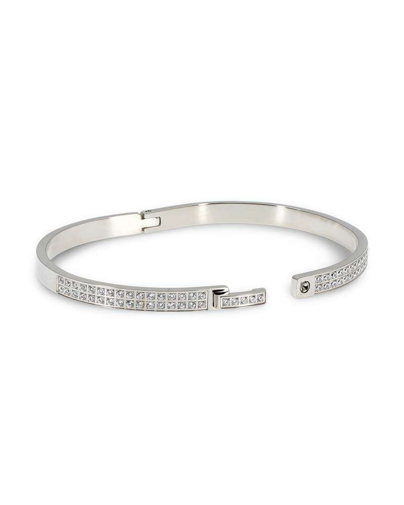 OPEN BANGLE BRACELET WITH ZIRCONIA TOP & FRONT CLASP CLOSURE - GOLD & SILVER