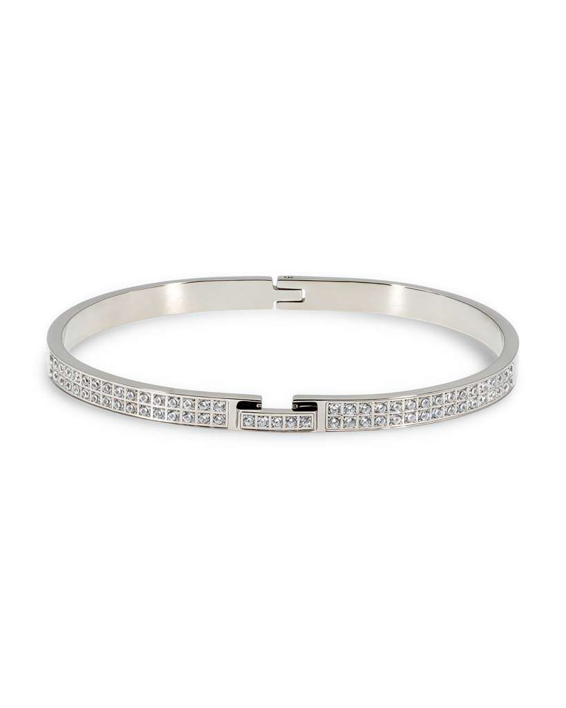 OPEN BANGLE BRACELET WITH ZIRCONIA TOP & FRONT CLASP CLOSURE - GOLD & SILVER