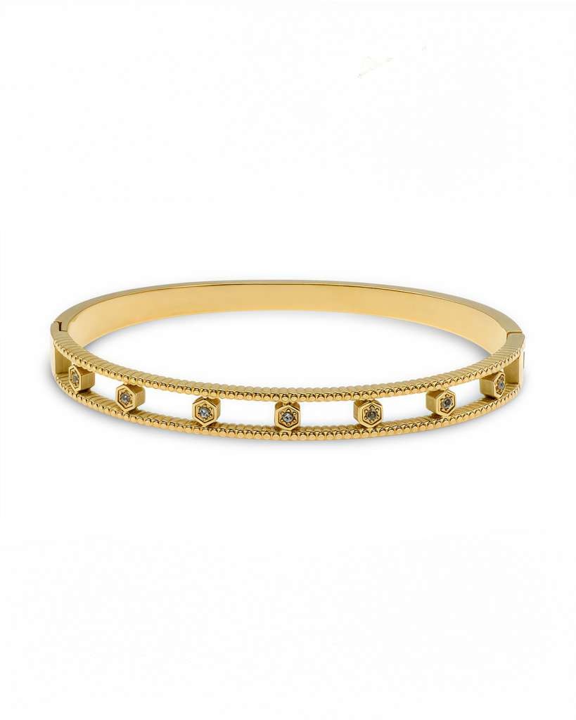 LINEAR TEXTURED CRYTAL GOLD BANGLE BRACELET
