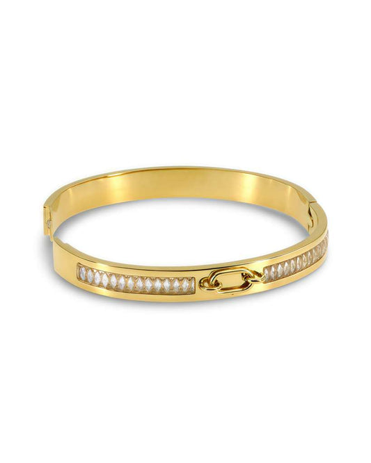RIGID BANGLE BRACELET WITH OVAL CENTER BUCKLE DESIGN AND PAVE ZIRCONIAS