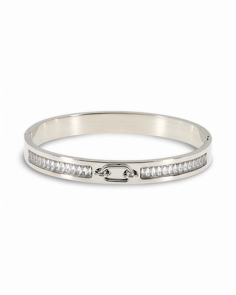 RIGID BANGLE BRACELET WITH OVAL CENTER BUCKLE DESIGN AND PAVE ZIRCONIAS
