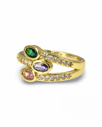 Triple Oval Multicolor CZ Ring with Split Band Pavé Accents – Adjustable