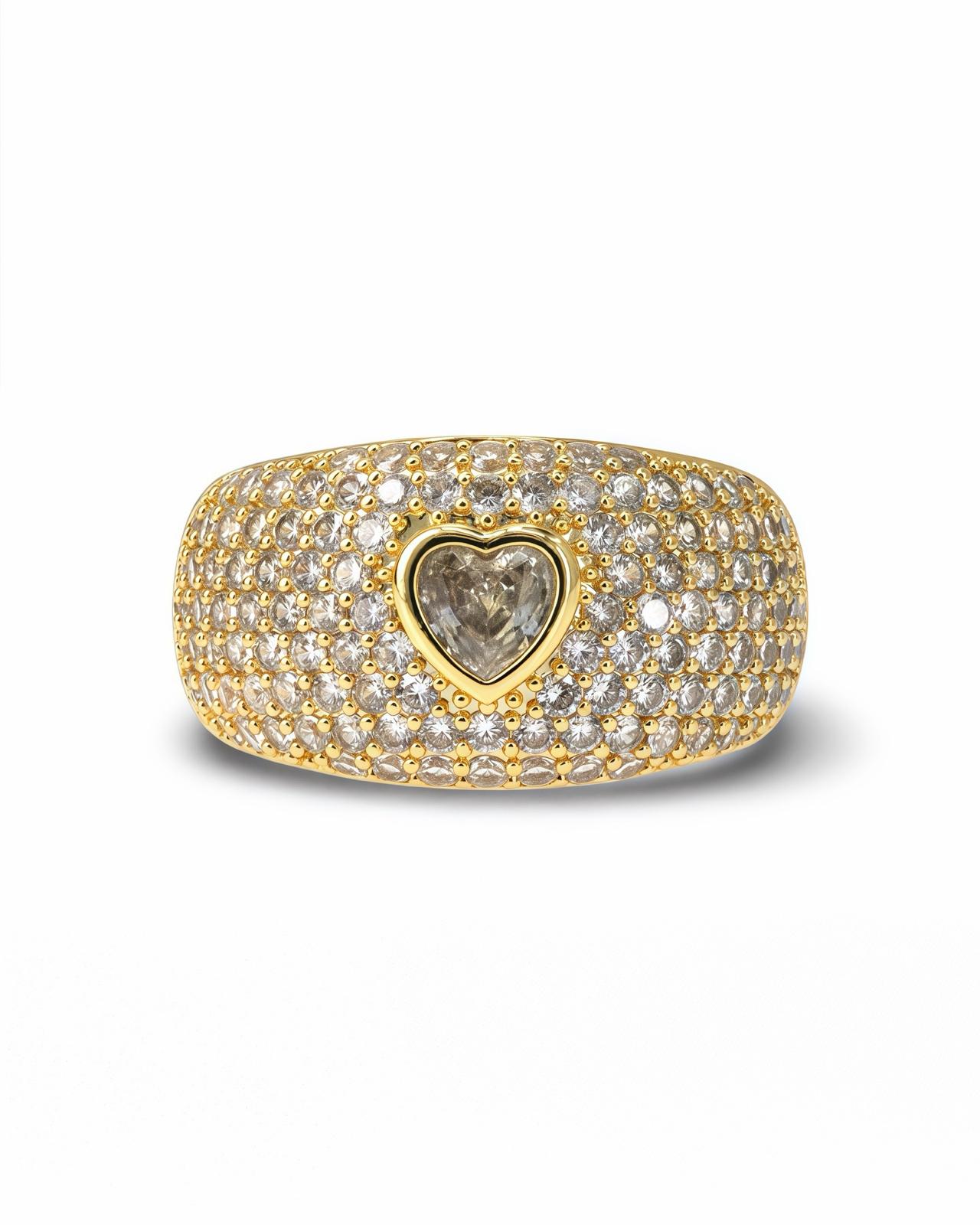 Adjustable Heart Zircon Ring Gold – Pavé Band with Micro CZ Stones & Center Heart Stone