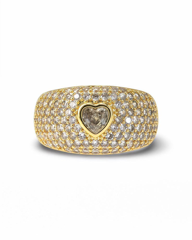 Adjustable Heart Zircon Ring Gold – Pavé Band with Micro CZ Stones & Center Heart Stone
