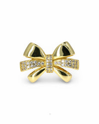 GOLD BOW RING WITH PAVE ZIRCONIA - ELEGANT ADJUSTABLE WOMEN'S RING