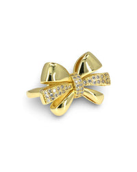 GOLD BOW RING WITH PAVE ZIRCONIA - ELEGANT ADJUSTABLE WOMEN'S RING