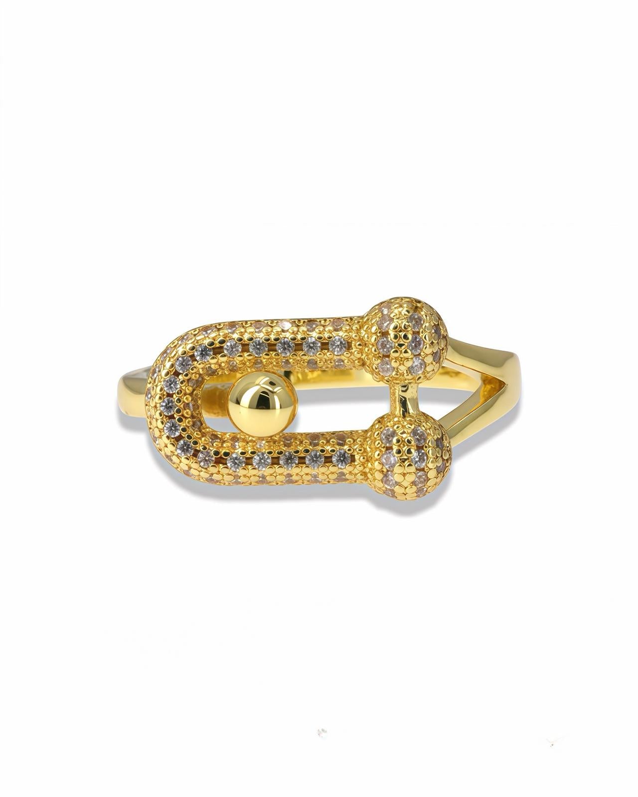 GOLD SCULPTURAL LINK RING WITH PAVE ZIRCON ACCENTS