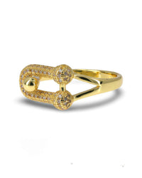 GOLD SCULPTURAL LINK RING WITH PAVE ZIRCON ACCENTS