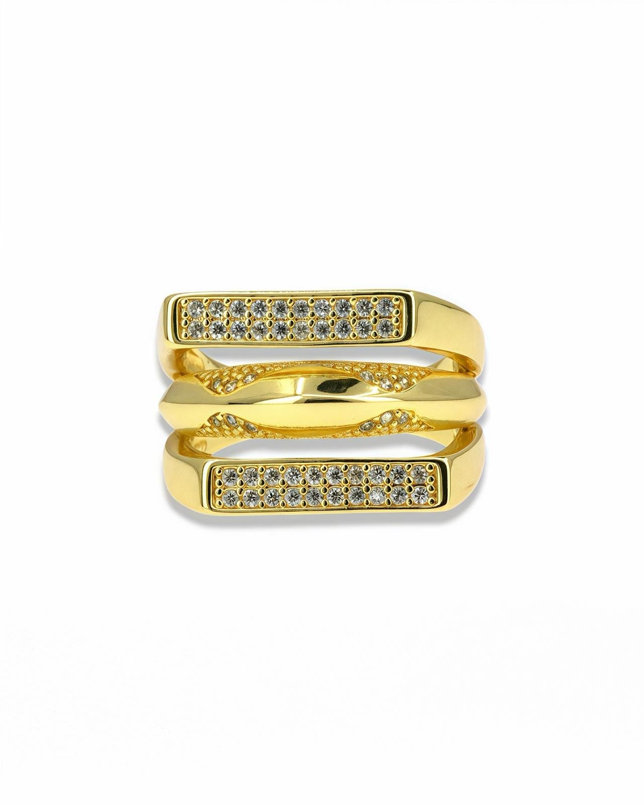 Adjustable Gold Triple Band Ring with Pavé Zirconia