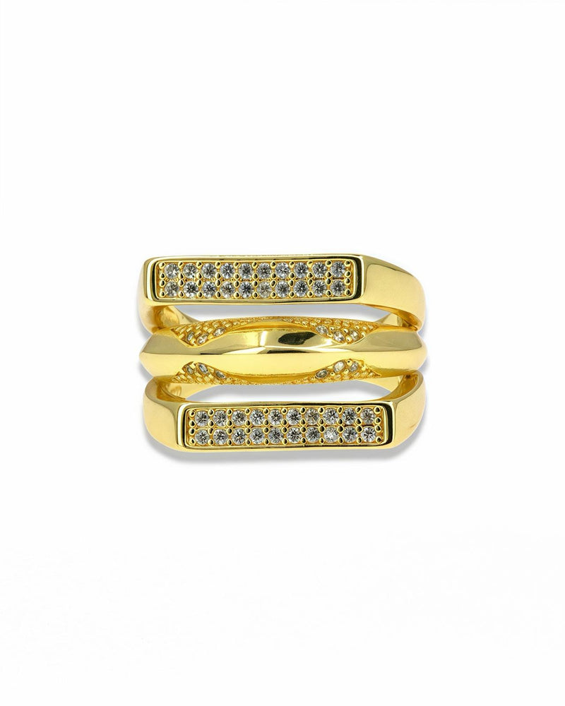 Adjustable Gold Triple Band Ring with Pavé Zirconia