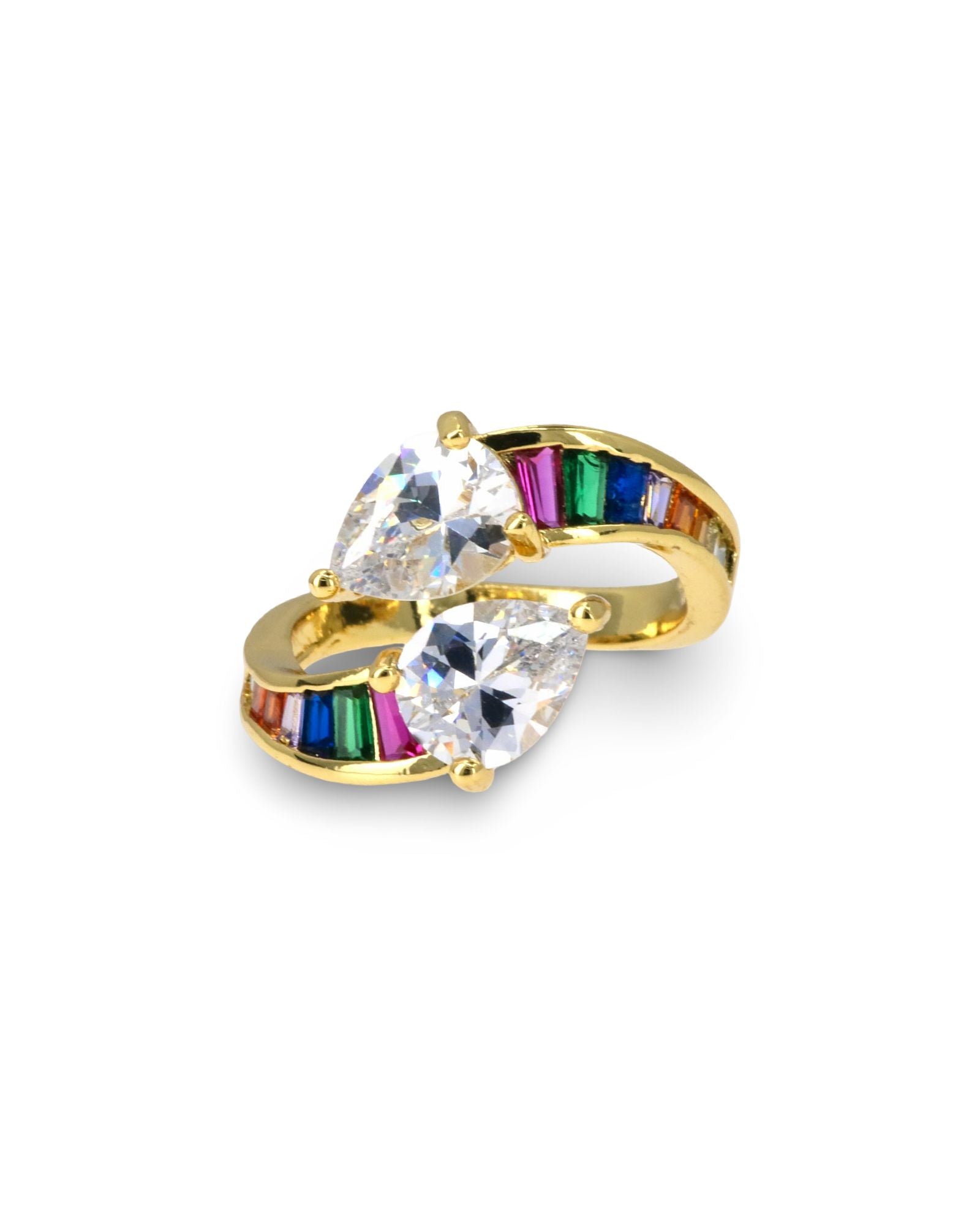 GOLD DOUBLE TEARDROP BYPASS RING WITH CZ SYONE & MULTICOLOR CRYSTAL