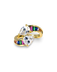 GOLD DOUBLE TEARDROP BYPASS RING WITH CZ SYONE & MULTICOLOR CRYSTAL