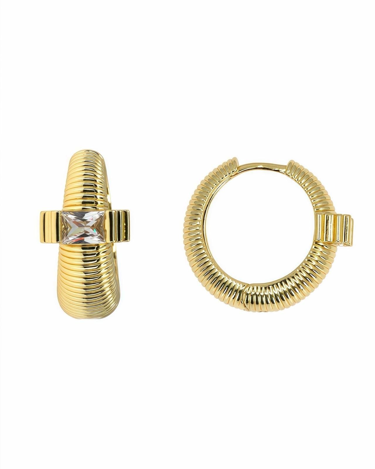 TEXTURED GOLD HUGGIE EARRING WITH RECTANGULAR ZIRCON CENTER