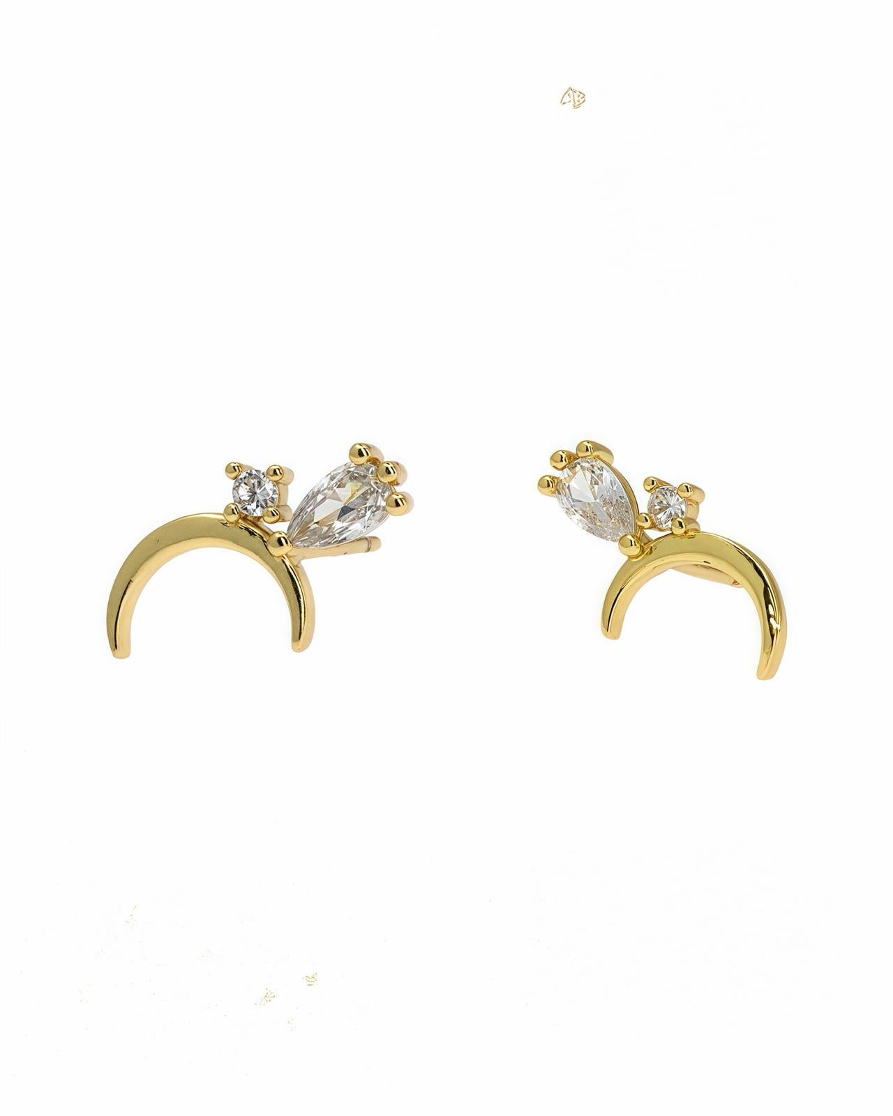 MINI GOLD CRESCENT MOON STUD EARRING WITH ZIRCONIA ACCENTS
