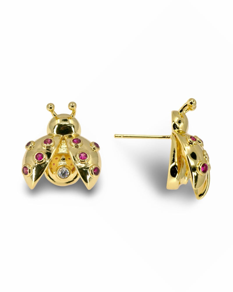 GOLD LADYBUG EARRINGS WITH FUCHSIA ZIRCONIA WINGS