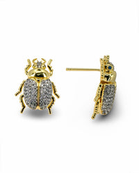 LUXURY LADYBUG EARRINGS WITH PAVE CZ - GOLD OR TWO TONE BEETLE DESIGN EARRINGS