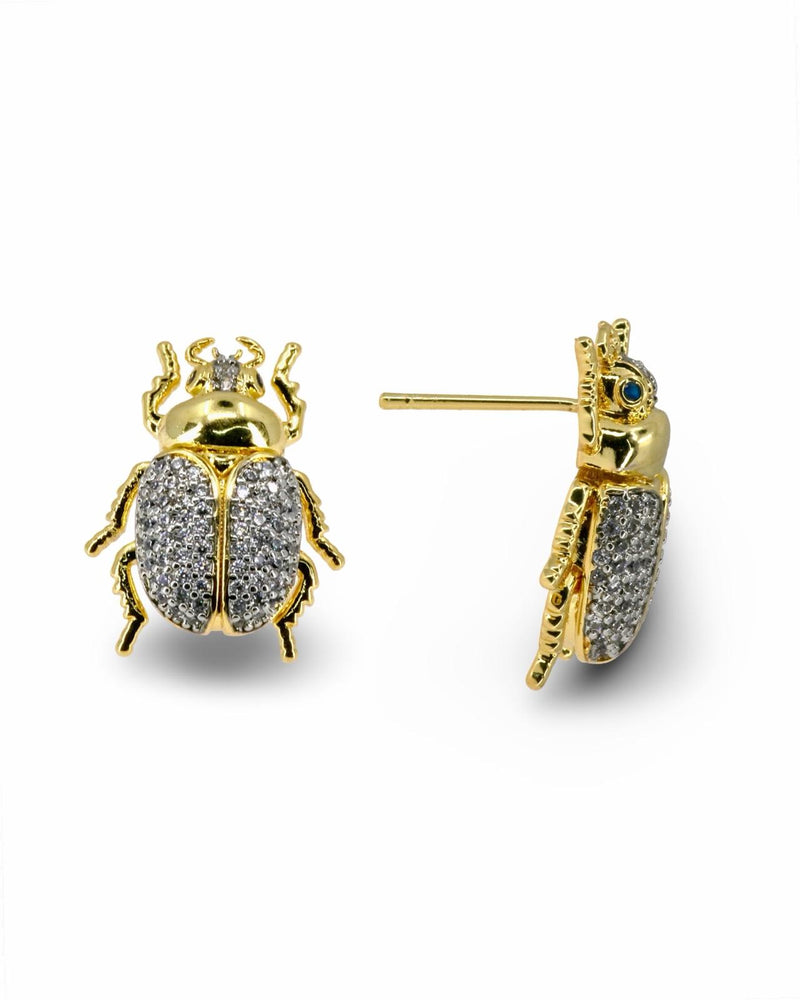 LUXURY LADYBUG EARRINGS WITH PAVE CZ - GOLD OR TWO TONE BEETLE DESIGN EARRINGS